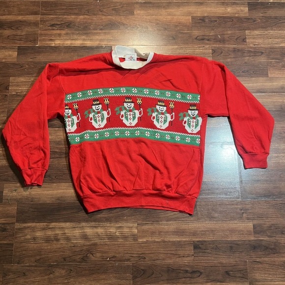 Other - VTG Adult Large Ugly Christmas Sweatshirt Snowman Mock Neck Red See Pics For Mts